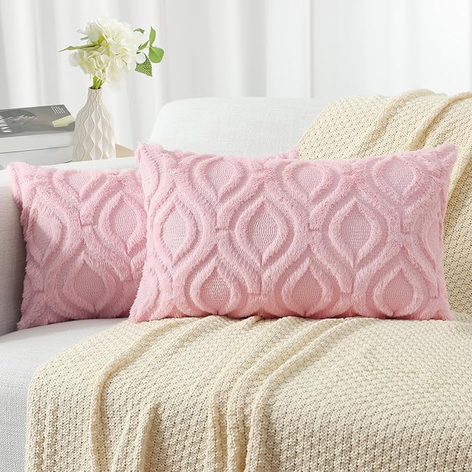 decorUhome Throw Pillow Covers 12x20 Inch Set of 2, Soft Plush Decorative Faux Fur Light Pink Solid Couch Pillow Covers, Accent Farmhouse Neutral Lumbar Euro Pillow Cases for Sofa Bed Living Room-Ruum Studio Home