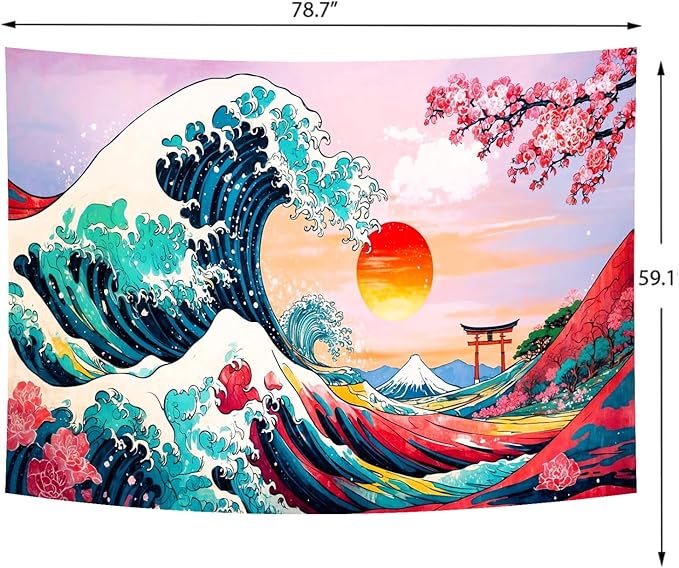 Delur Great Wave Tapestry Japanese Sunset Ocean Sea Wave Off Kanagawa Tapestry Wall Hanging Vintage Asian Anime Cherry Blossom Nature Headboard for Bedroom Living Room Home Decor (59.1" x 78.7")-Ruum Studio Home