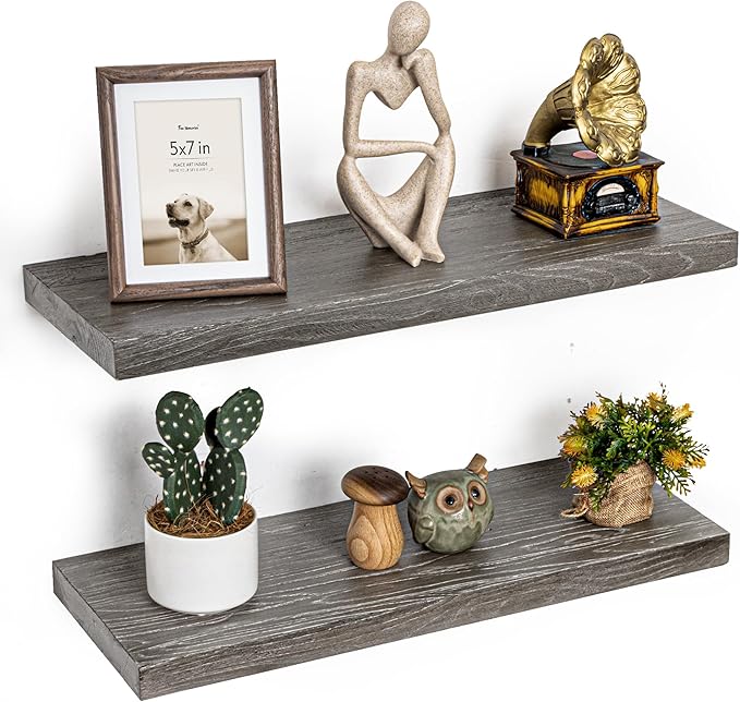 Fun Memories Floating Shelves for Wall, 24"x9.3" Rustic Solid Elm Wood Shelves, Heavy-Duty Wall Mounted Shelves with Invisible Brackets, Set of 2 for Living Room, Bedroom, Kitchen, Natural Finish-Ruum Studio Home