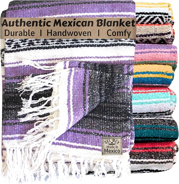 Del Mex Classic Mexican Blanket, Large Authentic Woven Falsa Throw (70"x50"), Artisan Southwest Décor for Beach, Yoga, Outdoors (Lavender)-Ruum Studio Home