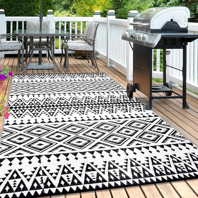 Waterproof Outdoor Rug 6x9ft, Bohemia Reversible Plastic Straw Mat for Patio RV Deck Porch Backyard Balcony Camping Picnic Beach Indoor Outdoor Carpet, Black&White-Ruum Studio Home