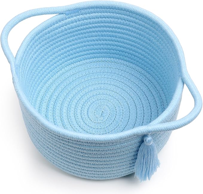 Empty Gift Basket Mini Woven Rope Organizer Baskets for Baby Shower, Vanity, Makeup Brushes, Bathroom, Shelves, Desk - Small Decorative Storage Bins - Set of 2, Pre-Shaped, Soft Blue-Ruum Studio Home
