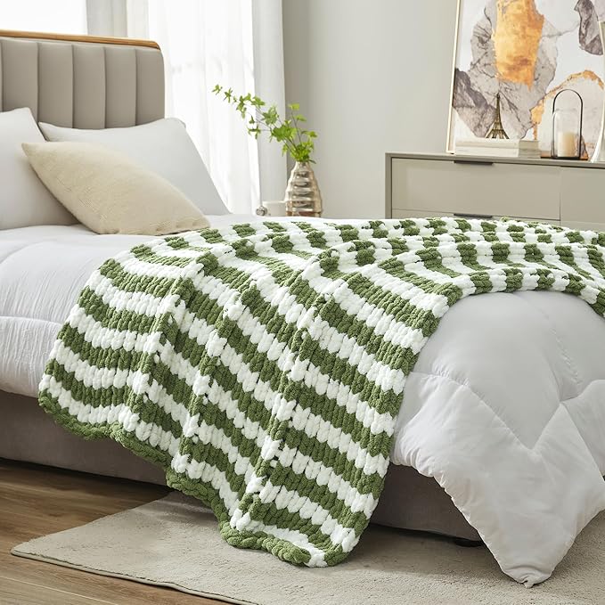 Amélie Home Chunky Knit Throw Blanket for Couch, Soft Chenille Crochet Blanket for Sofa, 50"x60", Sage Green & White Striped-Ruum Studio Home