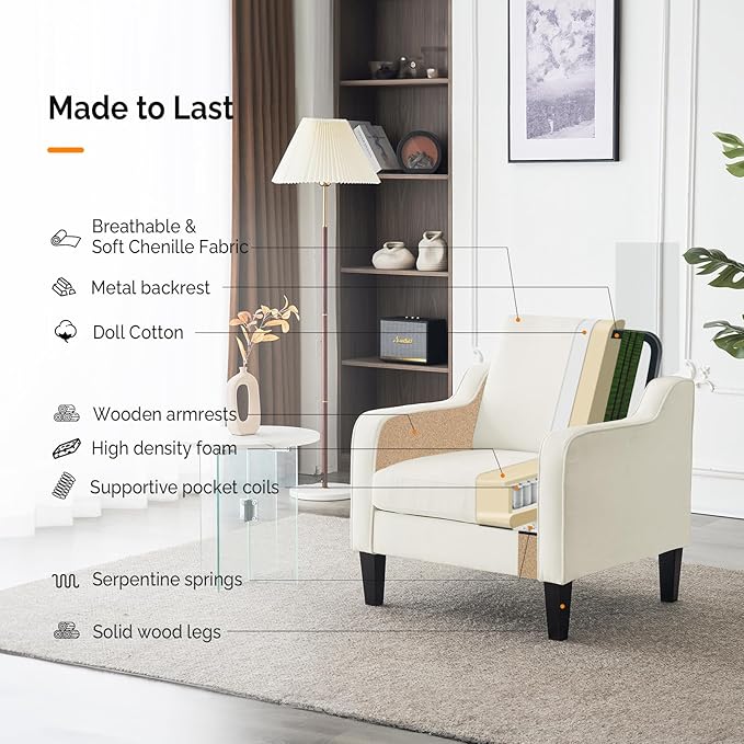 VINGLI Mid Century Modern Accent Chairs for Living Room, Cream White Comfy Reading Chair Soft Chenille Sofa Chairs Upholstered Side Armchair for Living Room, Bedroom, Apartment-Ruum Studio Home