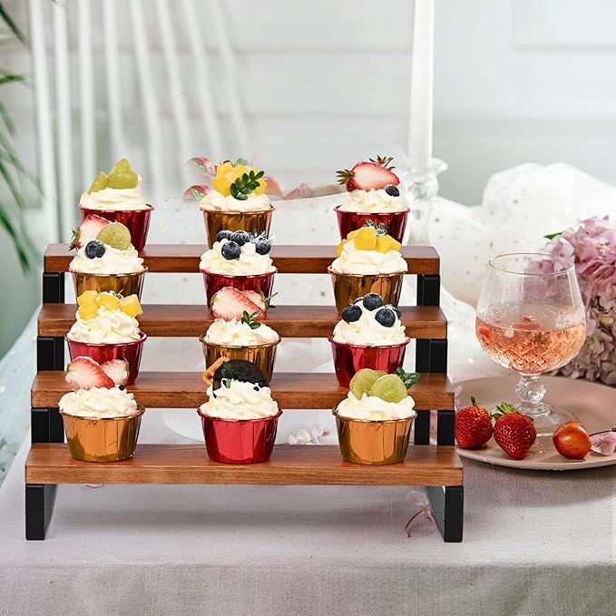 4 Tier Wooden Display Riser Stand Perfume Organizer with Metal Stand, Dessert Table Display Set, Food Display Stands for Party, Brown Rustic Solid Wood Shelf for Cupcakes, Perfume, Cologne, Spiece-Ruum Studio Home