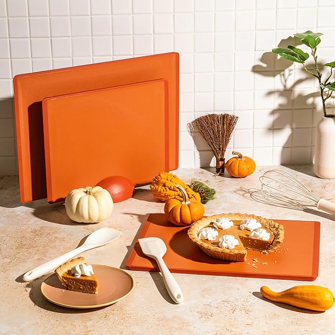 SMIRLY Plastic Cutting Board Set with Holder 3 Pieces, Non-Slip Dishwasher Safe Chopping Boards for Kitchen, Orange-Ruum Studio Home