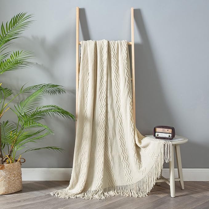 MIULEE Knitted Beige Throw Blanket Soft Sofa Knit Blanket for Couch 50 x 60 Inches, Solid Cozy Lightweight Wave Pattern Decorative Blankets with Tassels for Women, Kids and Babys-Ruum Studio Home
