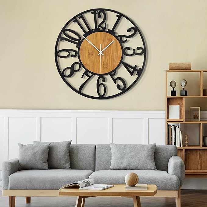 LEIKE 30" Oversized Large Wall Clocks,Silent,Non Ticking,Battery Operated Modern Round Big Wood Decorative Metal Wall Clock for Living Room, Bedroom,Kitchen,Farmhouse,Office Decor - Black,30 Inch-Ruum Studio Home