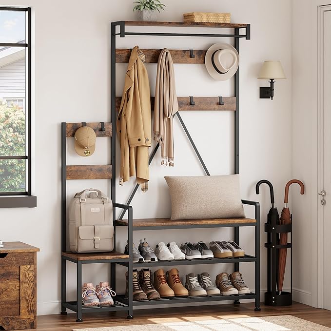 IDEALHOUSE Hall Tree with Bench and Shoe Storage Parent-Child Coat Rack Shoe Bench Industrial Coat Tree Entryway Large Organizer with Shoe Rack, Storage Cubbies, Hooks, and Top Shelf-Ruum Studio Home
