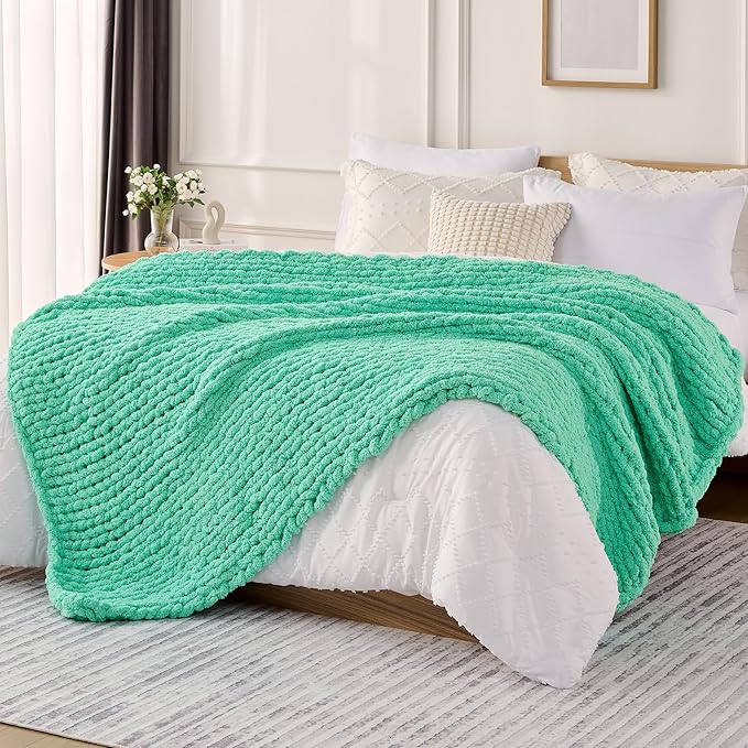 L'AGRATY Chunky Knit Blanket Throw: 50''x60'' Chenille Chunky Knitted Throw Blanket for Bed Couch - Handmade Thick Big Cable Knit Blanket - Large Crochet Rope Blanket for Home Decor(Aqua)-Ruum Studio Home