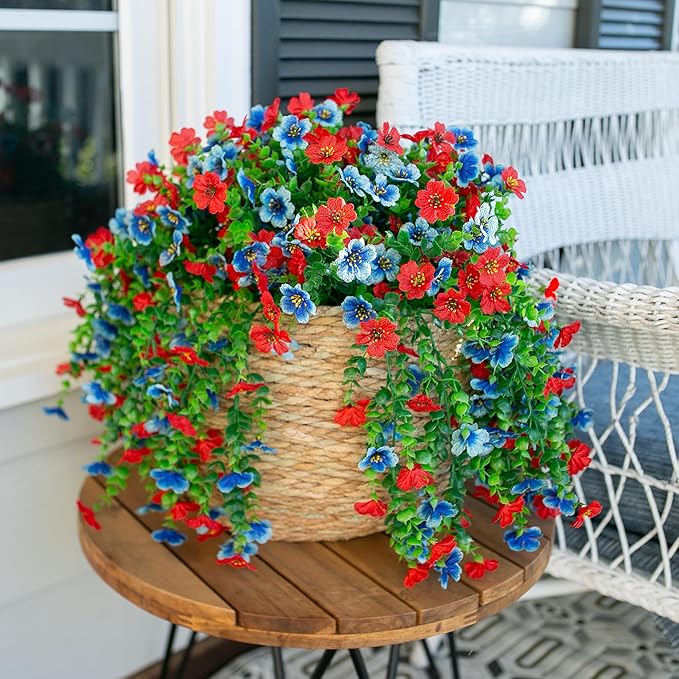 INSPRING Artificial Faux Hanging Flowers Plants for Spring Outdoor Outside Decoration, 2 PCS Fake Silk Daisy with Eucalyptus UV Resistant Realistic Trailing Vines for Balcony Patio Porch (BlueRed)-Ruum Studio Home