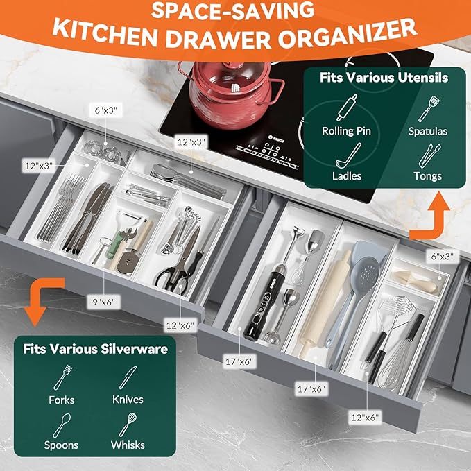 Utensil Organizer Silverware Drawer Organizer - Set of 2, Stackable Kitchen Organization, Bamboo Storage Box Tray for Kitchen Gadgets Bathroom Countertop (White)-Ruum Studio Home