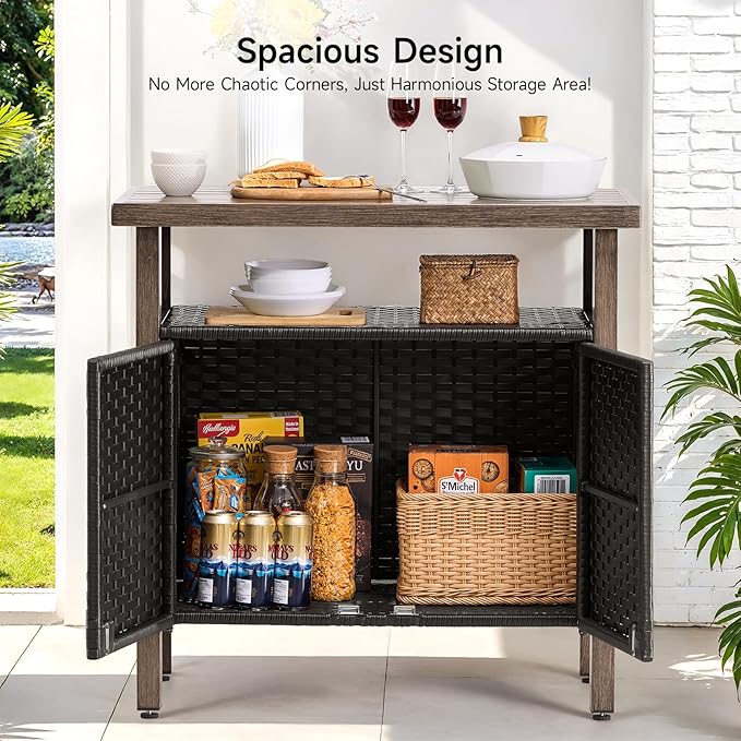 Outdoor Storage Cabinet, Woven Rattan Bar Table with 2 Doors, Slatted-Top, Wicker Console Table for Patio, Garden, Backyard, Kitchen - Black-Ruum Studio Home