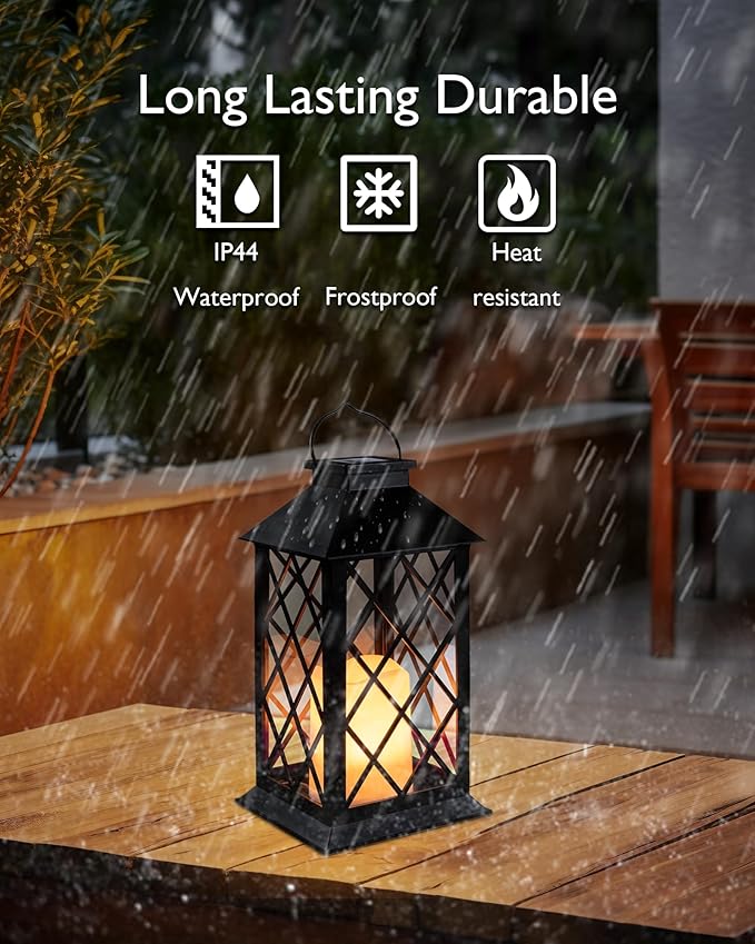 Homemory Solar Lanterns Outdoor Waterproof Hanging with Flickering Flameless Candles, 2 Pack 13'' Garden Outdoor Lantern Decorative for Patio Front Porch Backyard Balcony Cabin Outside Table(Black)-Ruum Studio Home
