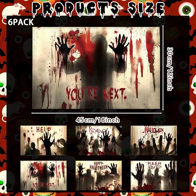 Umigy 6 Pcs Halloween Placemats 12"x18" Gothic Bat Placemats Kitchen Decoration Washable Witch Place Mats Rectangle Skull Table Mats for Halloween Dining Table Accessories (Bloody Hands Style)-Ruum Studio Home