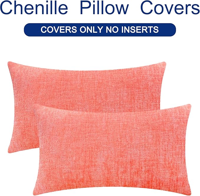 CaliTime Throw Pillow Covers Decorative 12 X 20 Inches Pack of 2 Cozy Chenille Cushion Cases for Couch Sofa Bed Living Room Home Living Coral-Ruum Studio Home