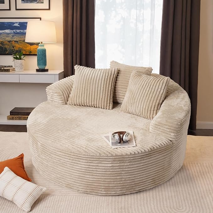 ovios 58" Oversized Round Chair Lounge Chaise Indoor, No Assembly Required, Cloud Large Circle Chair with Plush Fuax Fur, Fluffy Modern Sleeper Sofa Bed for Reading Yoga, Beige (Plush Corduroy Fabric)-Ruum Studio Home