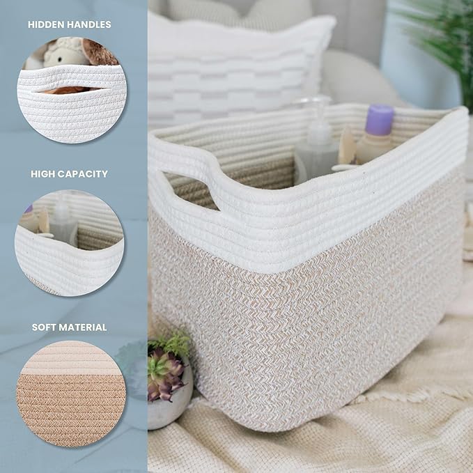 OrganiHaus Woven Storage Baskets for Organizing, Cotton Rope Organizer Bins for Shelves, Closet & Nursery, Dog Toy Basket, Decorative Bins for Toys, Towels & Books - 15x10x9, Light Honey-Ruum Studio Home