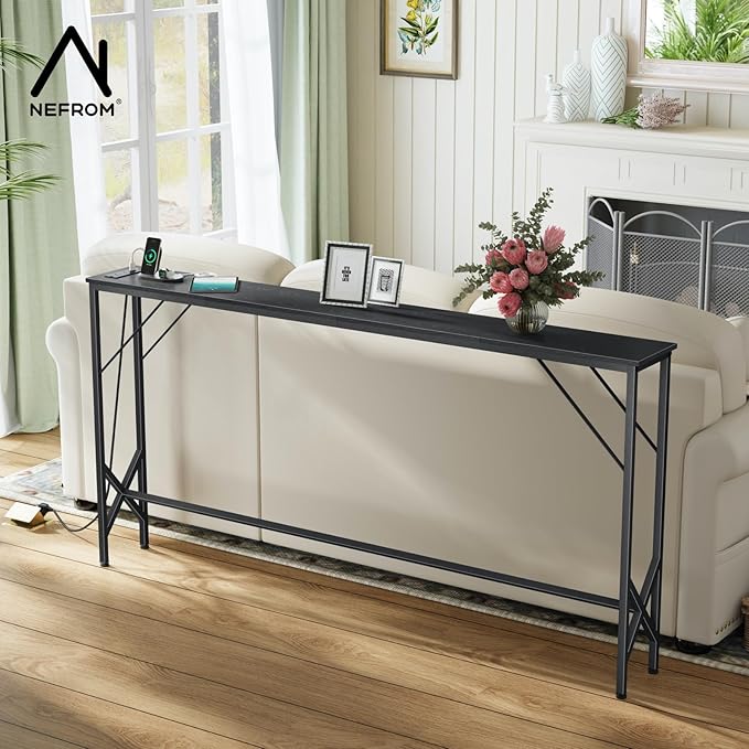 63'' Console Table, Skinny Entryway Table with Fast-Charging Station, Narrow Long Sofa Table, Behind Slim Couch Table for Entrance, Hallway, Living Room Decor ST-BK160-1-Ruum Studio Home