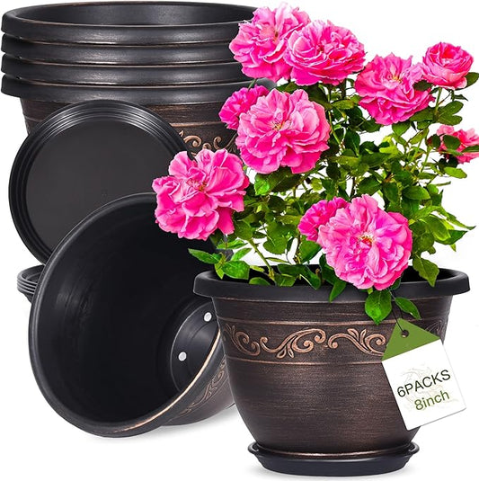 Plastic-Plant-Flower-Planters-8 Inch with Drainage Hole & Saucer, 6 Packs Lightweight Small Resin Flower Pot Indoor Outdoor, Retro Antique Imitation Decorative Garden Containers Sets for Houseplants-Ruum Studio Home