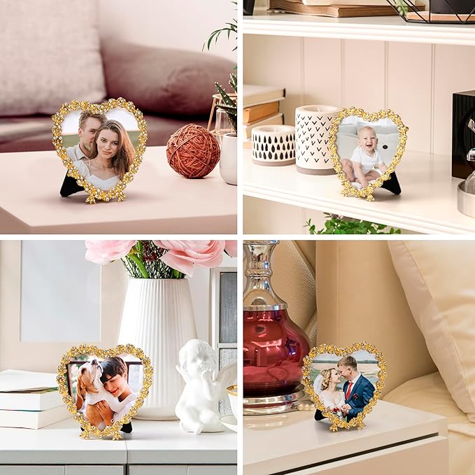 Heart Shaped Wedding Picture Frames for Couple - Beaded Crystal 4x4 Picture Frame – Engagement Gift, Wedding Gift for newlyweds - Fits 3.5x3.5 photo - Valentine Picture Frame (Golden)-Ruum Studio Home