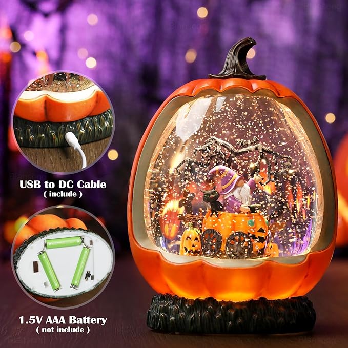Halloween Snow Globe Pumpkin Halloween Decorations Indoor Gnome Black Cat Bat Swirling Glitter Timer-Ruum Studio Home