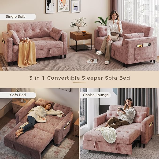 3 in 1 Convertible Sleeper Sofa Bed, Pull Out Couch Bed with Adjustable Backrest, Chenille Loveseat Couches with Side Pocket for Living Room, Bedroom (Pink)-Ruum Studio Home