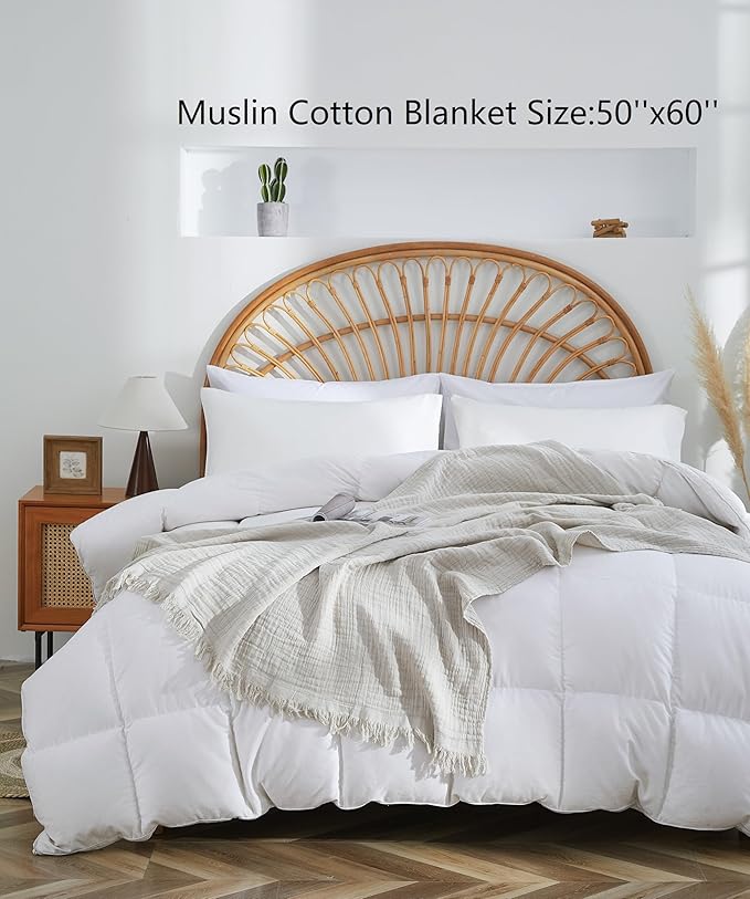 100% Cotton Muslin Throw Blanket for Bed, Couch, Small, Decorative, Soft, Pre-Washed, Breathable and Lightweight Gauze Blanket with Fringes, Suitable for All Seasons, Linen Grey, 50"x60"-Ruum Studio Home