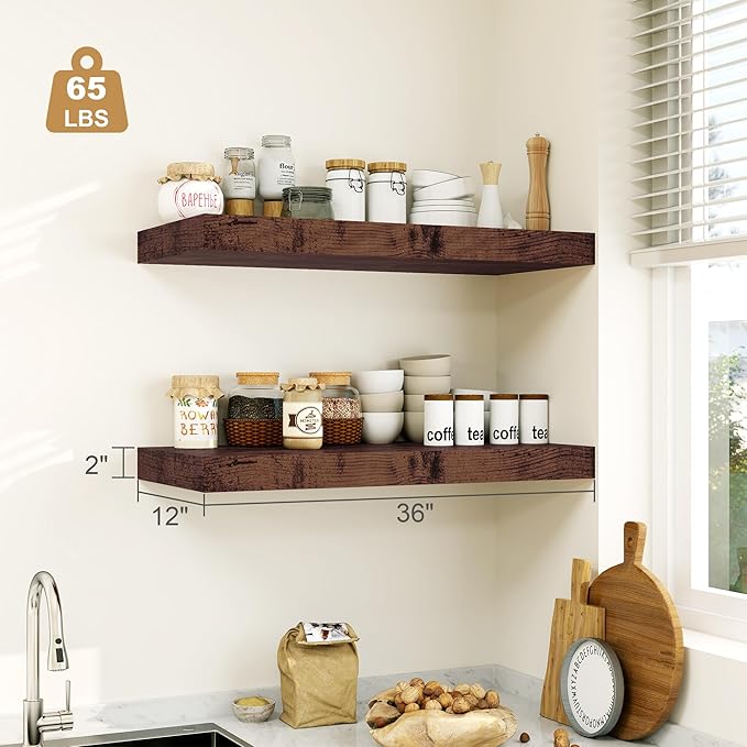 12" Deep Rustic Brown Floating Shelves,Over Toilet Long Wall Mounted Modern Farmhouse 36 inches,Wall Shelves with Invisible Brackets for Bedroom, Bathroom, Living Room, Kitchen, Set of 1-Ruum Studio Home