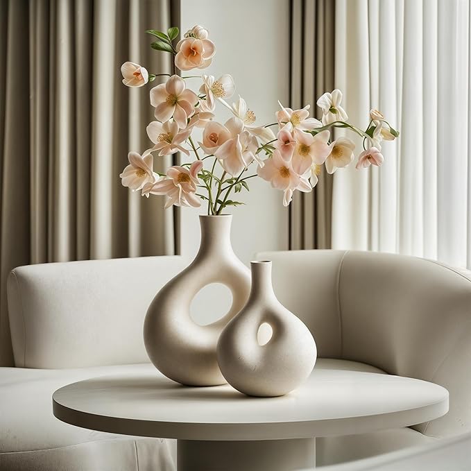 NOBULA White Ceramic Donut Vases – Modern Home Decor for Living Room, Bedroom & Table Centerpiece - Minimalist Nordic – Unique Vases for Olive Plant & Flowers – Decorative Coffee Table Vase Set of 2-Ruum Studio Home