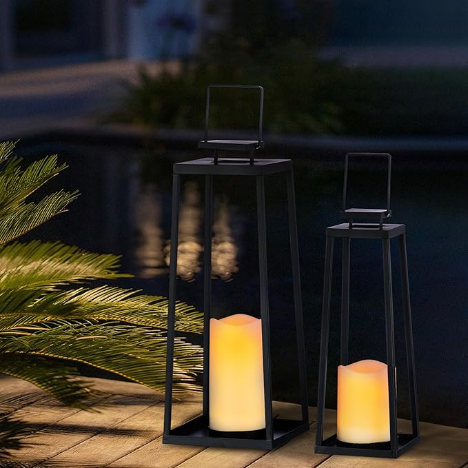 Solar Lantern Decorative Outdoor Set of 2 (18’’ & 15’’) Modern Black Metal Lanterns with Solar Candles, Decorative Candle Lanterns for Outdoor Porch, Patio, Garden, Yard Decor-Ruum Studio Home