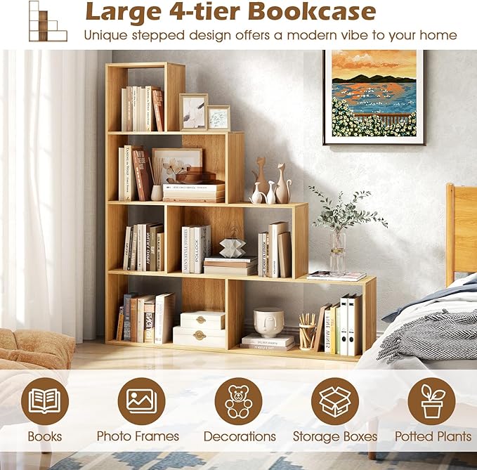 Tangkula 4-Tier Stepped Bookshelf, Freestanding 6 Cubes Ladder Bookcase with Anti-Tipping Kits, 64" Tall Modern Wooden Storage Display Rack for Home Office Living Room Study (1, Natural)-Ruum Studio Home