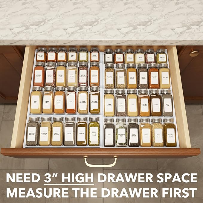 SpaceAid Bamboo White Spice Drawer Organizer, (Need 3" Deep Drawer) Expandable 4 Tier Spices Rack for Cabinet, Kitchen Seasoning Storage Insert (Jars Not Included, From 12" to 23" Wide)-Ruum Studio Home