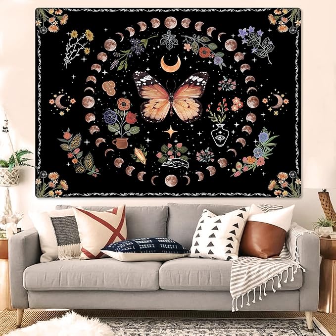 Fowocu Orange Butterfly Moon Flower Tapestry Boho Floral Plant Tapestries for Bedroom Aesthetic Tapastry's Wall Hanging Mandala Botanical Wall Tapestry for Living Room Dorm (Yellow, 80'' × 60'')-Ruum Studio Home