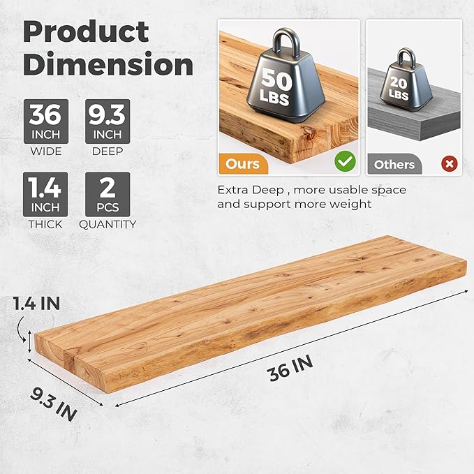 RICHFOCUS Live Edge Elm Floating Shelves - 36" W x 9.3" D Rustic Solid Wood Wall Shelves with Invisible Bracket, Wall-Mounted for Living Room, Bedroom, Kitchen Storage & Display, Set of 2, Natural-Ruum Studio Home