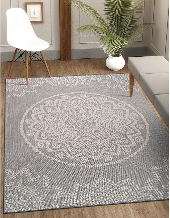 CAMILSON Outdoor Rug 9x12 Modern Area Rugs for Large Indoor and Outdoor Patios and Porches - Waterproof Washable Non-Shedding Easy-to-Clean Outside Carpet (9 x 12, Medallion - Grey/White)-Ruum Studio Home