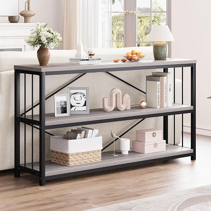 LVB Farmhouse Industrial Console Table, Wood Metal Foyer Entryway Sofa Tables with Storage, 3 Tier Long Rustic Entry Table TV Stand with Shelves for Home Living Room Hallway, Light Grey Oak, 55 Inch-Ruum Studio Home