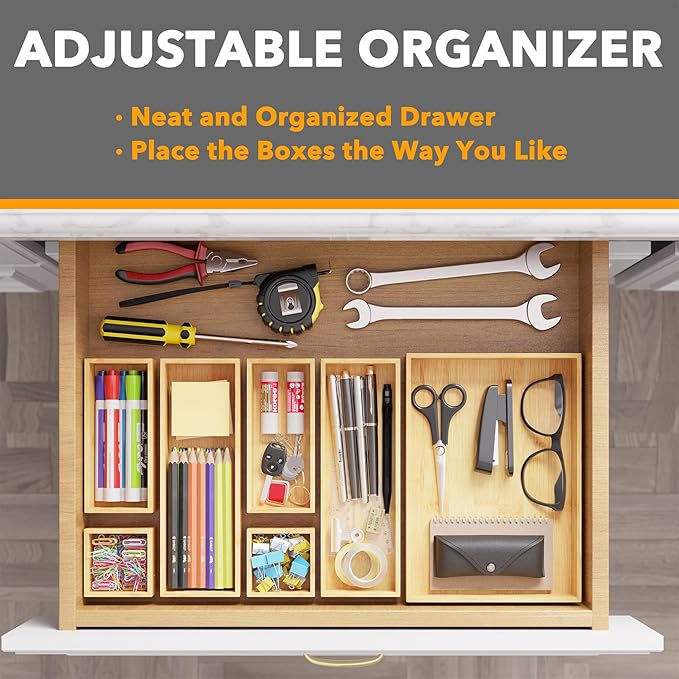 SpaceAid 7-Piece Bamboo Drawer Organizer Storage Boxes Set, Wood Tray Junk Drawer Organizers Multi-Use Divider Bins for Kitchen, Bathroom, Office Desk and Makeup Organization (7 Pack, Natural)-Ruum Studio Home