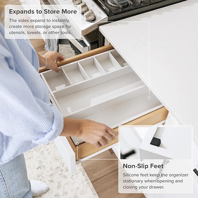 Adjustable Kitchen Drawer Organizer for Utensils and Junk, Food-Safe Contract Grade with 100% Sustainable Wood, Expandable from 10.5 to 19 Inches Wide - White Bamboo-Ruum Studio Home