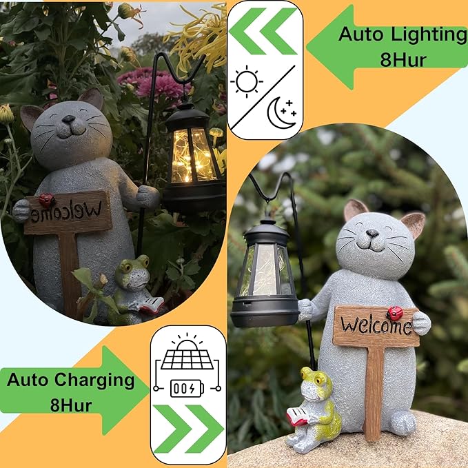 Cat Garden Statue with Solar Lantern: Cat Outdoor Figurine Decorations -Solar Garden Statue Decor for Patio,Balcony,Yard, Lawn - Gift for Mom, Grandma,Women, Housewarming,Birthday-Ruum Studio Home