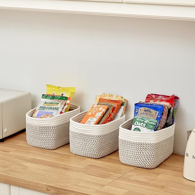 Small Cotton Rope Storage Basket Set of 3-11"x7"x7" Perfect Woven Baskets for Storage, Ideal Storage Baskets for Organizing Toys, Towels, and More - Baskets for Shelves（White & Mixed Grey）-Ruum Studio Home