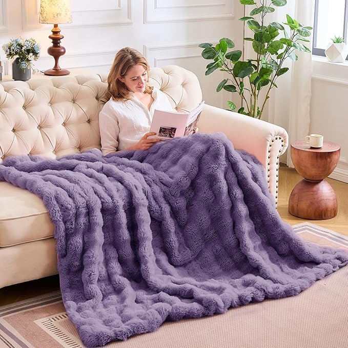 Lotus Karen Faux Fur Throw Blanket Purple - Big Bubble Rabbit Fluff Blanket for Couch Bed Sofa,Softest Fluffy Fuzzy Cozy Blanket,Thick Furry Plush Shaggy Warm Blankets for Women,50x60 Inches-Ruum Studio Home