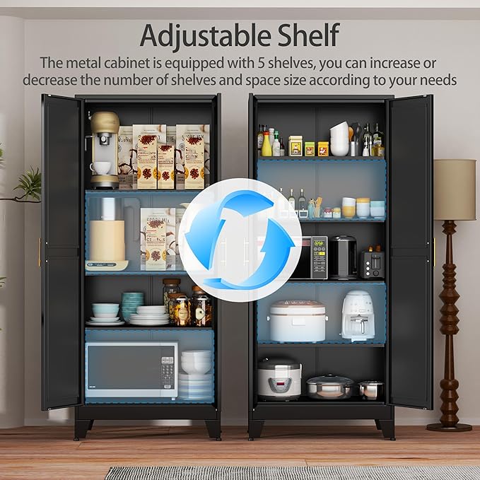 Black Metal Storage Cabinet,75" Steel Cabinets for Home Office, Kitchen Pantry Storage Cabinet with Doors and 5 Adjustable Shelves, Tool Cabinets, for Office, Home, Garage, School-Ruum Studio Home