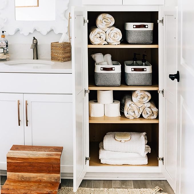 OrganiHaus Small Fabric Storage Bins for Shelves 6 Pack, 12x8in Closet Storage Bins for Shelves, Cloth Baskets for Organizing, Linen Closet Organizers, Fabric Basket, Gray/White-Ruum Studio Home