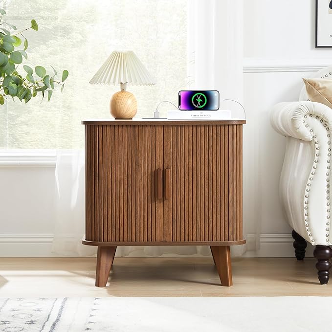 Farmhouse Square End Table with Charging Station, 24" Large Fluted Sofa Side Table with Sliding Tambour Door and Storage, Rustic Curved Wood Nightstand for Living Room, Bedroom, Walnut-Ruum Studio Home