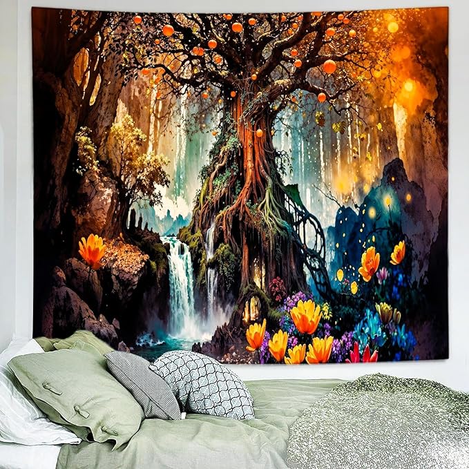 Delur Magical Forest Tapestry Fantasy Tree of Life Fairy Tale Enchanted Mystical Forest Tapestry Psychedelic Nature Landscape Wall Hanging Headboard for Bedroom Living Room Home Decor (59.1" x 78.7")-Ruum Studio Home