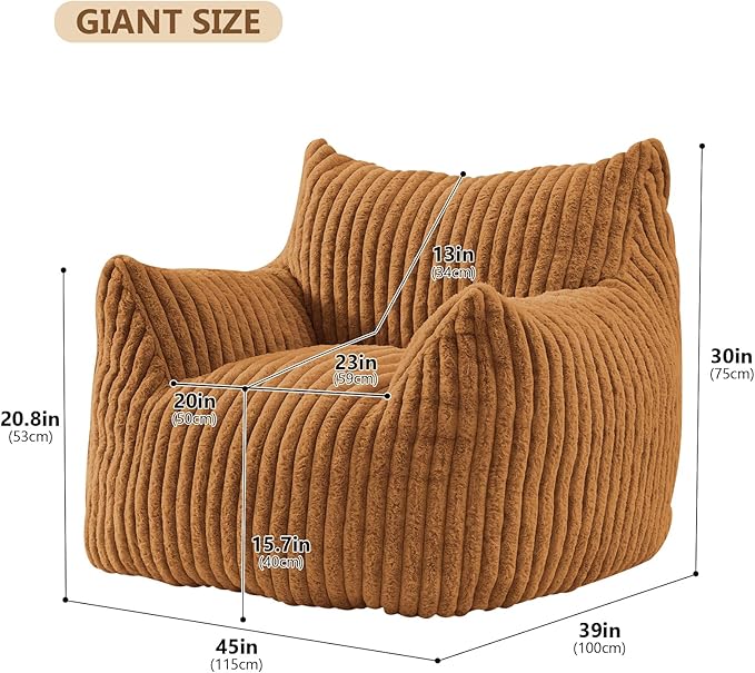 Giant Bean Bag Chairs for Adults Teens, Large Bean Bag Sofa Chairs with Filling Comfy Fuzzy BeanBag Chair with Armrests for Bedroom Living Room Reading (Brown, Large)-Ruum Studio Home