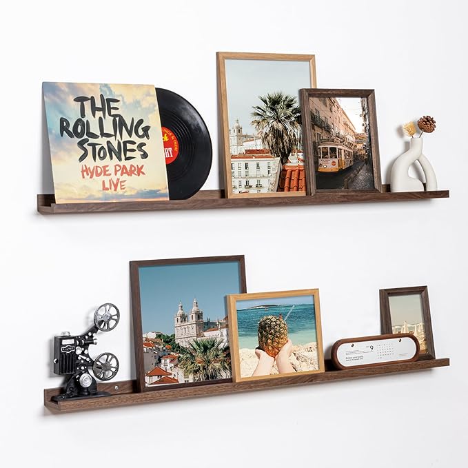 Fun Memories Picture Ledge Shelf, 48 Inch Floating Shelves Set of 2, Large Nursery Book Shelves for Toys Storage, Kids Bookshelf Wall Mounted for Wall Decor Books Photo Frames, Walnut-Ruum Studio Home