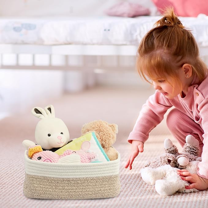 Small Woven Storage Baskets 13“X9”X5“ Decorative Rope Bins for Organizing Shelves, Closets, and Toys, Empty Gift Baskets, Cute Organizer Basket for Home and Office (white and brown, Large)-Ruum Studio Home