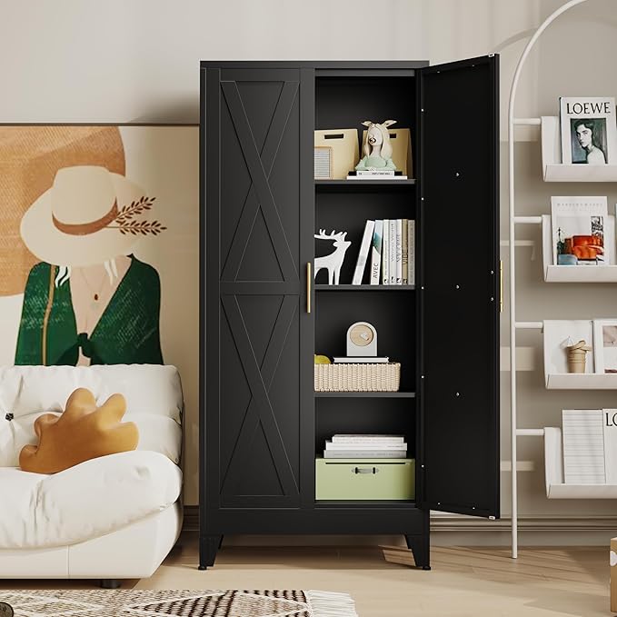 61" H Metal Kitchen Pantry Storage Cabinet, Freestanding Cupboard with 2 Doors and 3 Adjustable Shelves, Standing Storage for Kitchen, Bathroom, Garage, Dinning Room or Utility Room（Black）-Ruum Studio Home